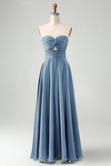 Dusty Blue A Line Sweetheart Keyhole Long Bridesmaid Dress